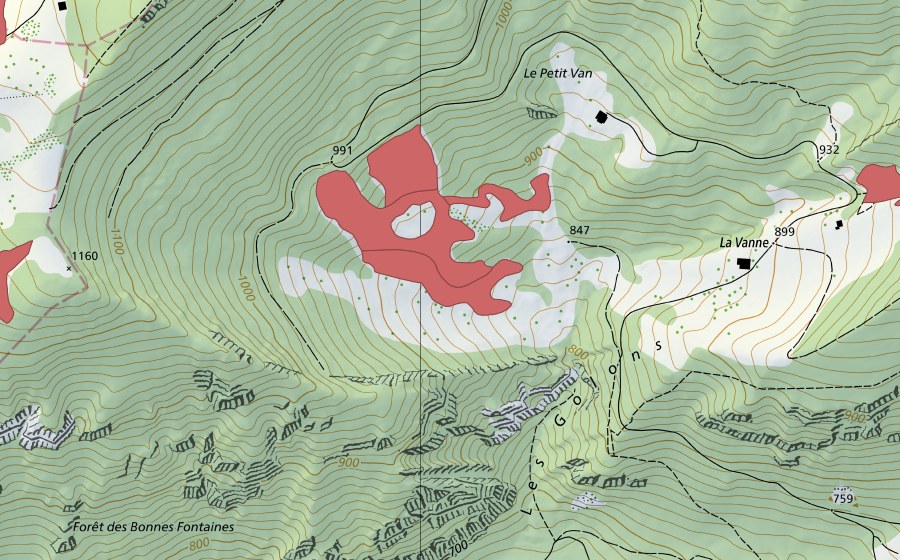 swisstopo national map showing the protected perimeter of Petit Van (Dry meadow)