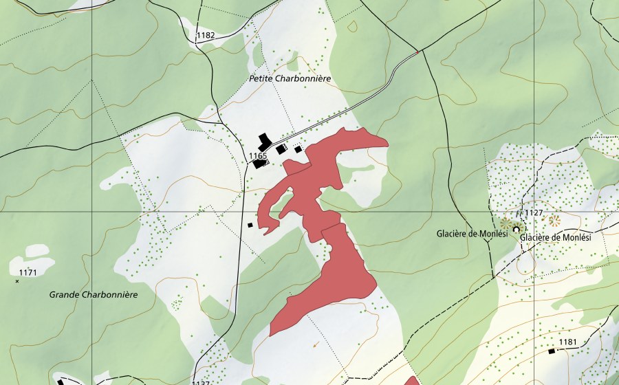 Landeskarte swisstopo mit dem Schutzperimeter von Petite Charbonnière (Trockenwiese)