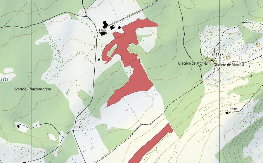 Carte nationale swisstopo avec le périmètre protégé de Petite Charbonnière (Prairie sèche)