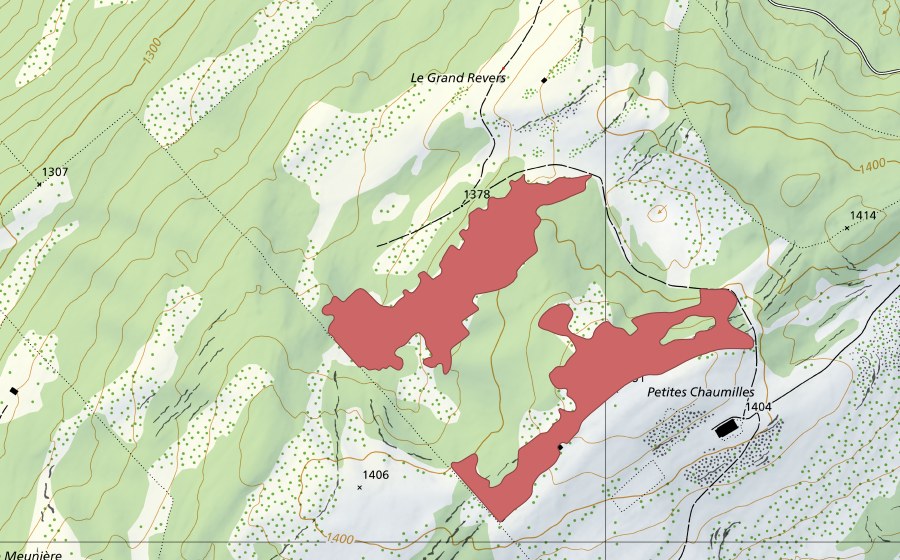 swisstopo national map showing the protected perimeter of Petites Chaumilles (Dry meadow)