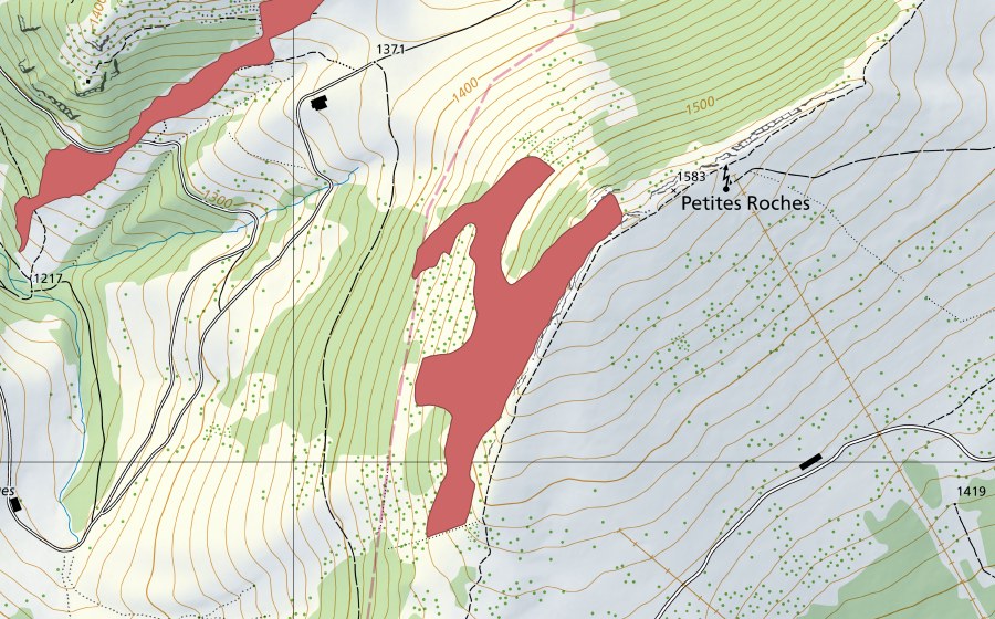 Landeskarte swisstopo mit dem Schutzperimeter von Petites Roches (Trockenwiese)