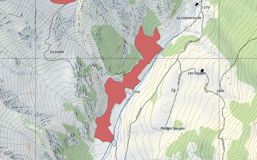 swisstopo national map showing the protected perimeter of Petites Sauges (Dry meadow)