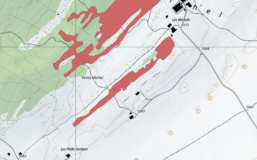 Carte nationale swisstopo avec le périmètre protégé de Petits Michel (Prairie sèche)