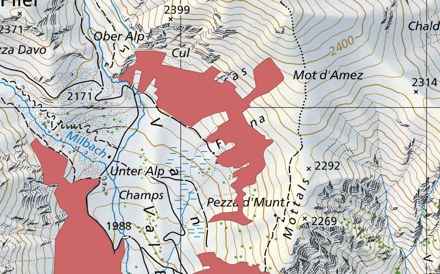 Landeskarte swisstopo mit dem Schutzperimeter von Pezza d'Munt (Trockenwiese)