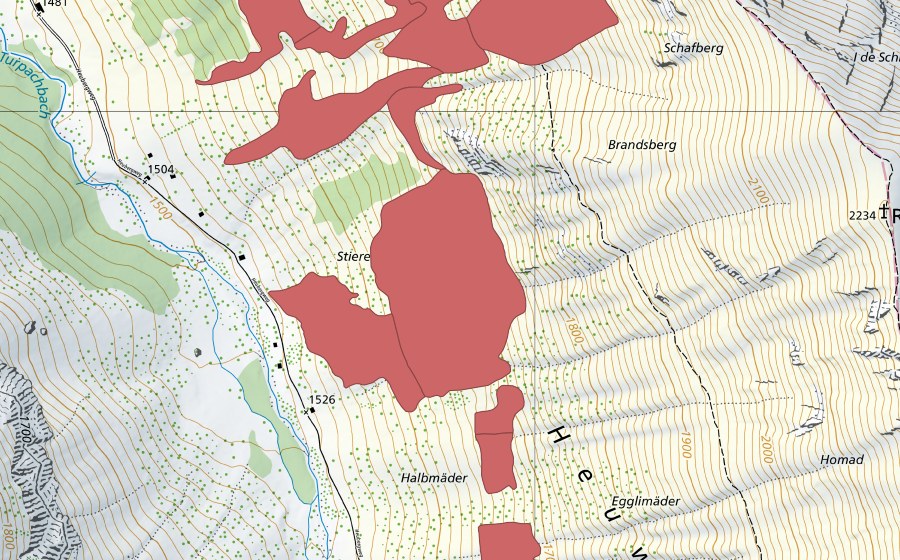 Carte nationale swisstopo avec le périmètre protégé de Pfaffebergmäder (Prairie sèche)