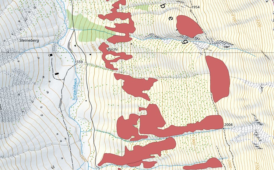 Carte nationale swisstopo avec le périmètre protégé de Pfaffebergmäder (Prairie sèche)