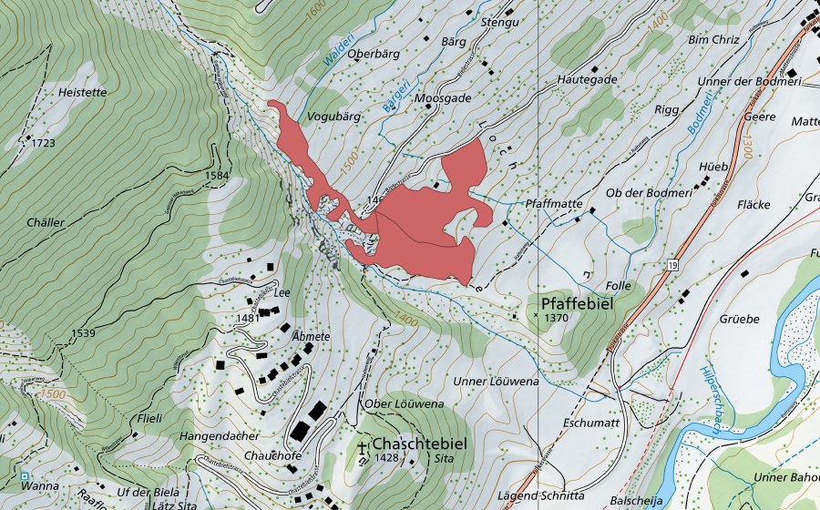 swisstopo national map showing the protected perimeter of Pfaffmatte (Dry meadow)