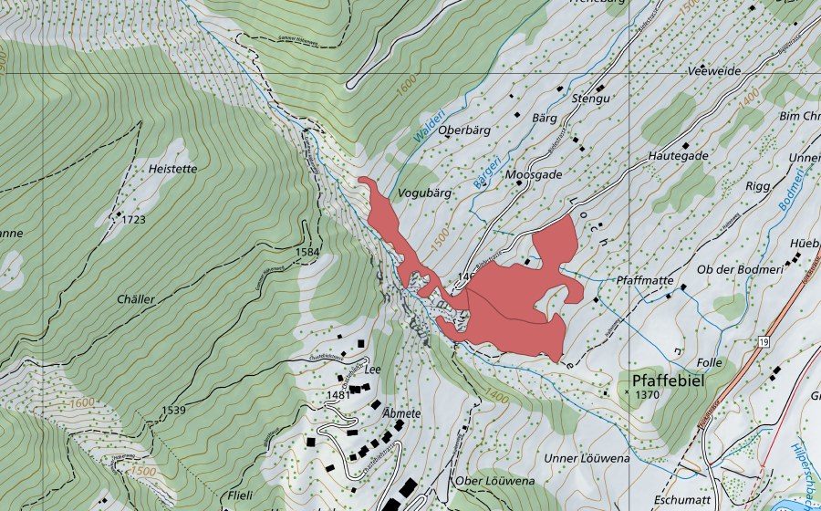 Carte nationale swisstopo avec le périmètre protégé de Pfaffmatte (Prairie sèche)