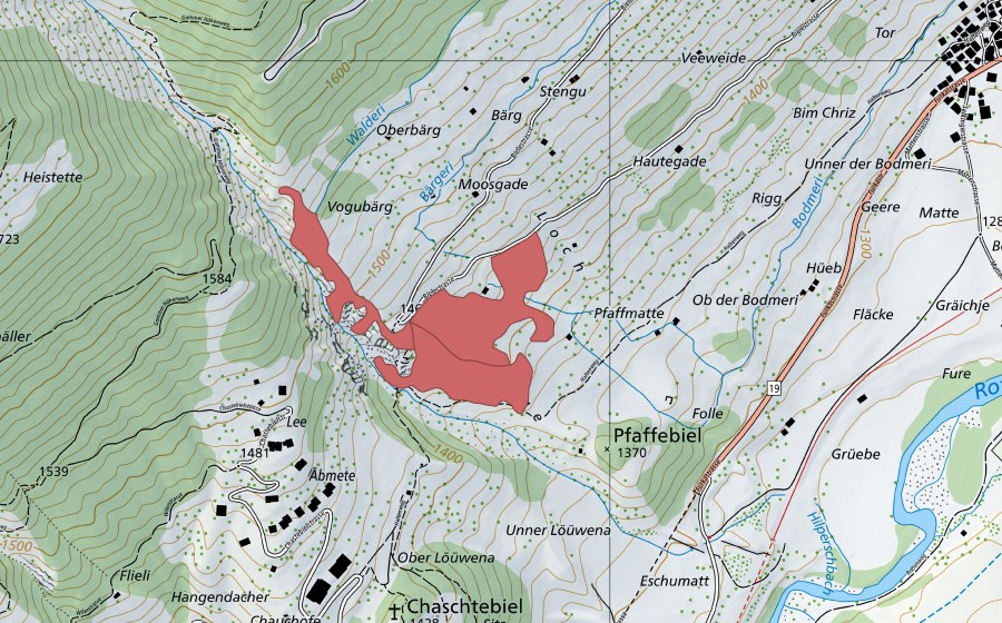 Carte nationale swisstopo avec le périmètre protégé de Pfaffmatte (Prairie sèche)