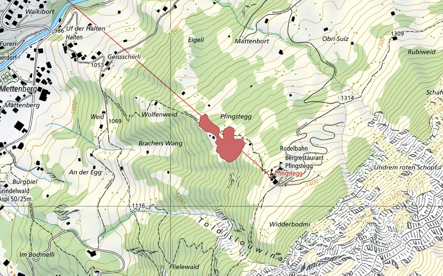 Carte nationale swisstopo avec le périmètre protégé de Pfingstegg (Prairie sèche)