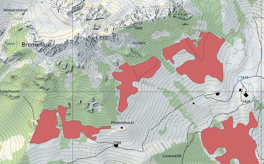 Carte nationale swisstopo avec le périmètre protégé de Pfruendnacki (Prairie sèche)