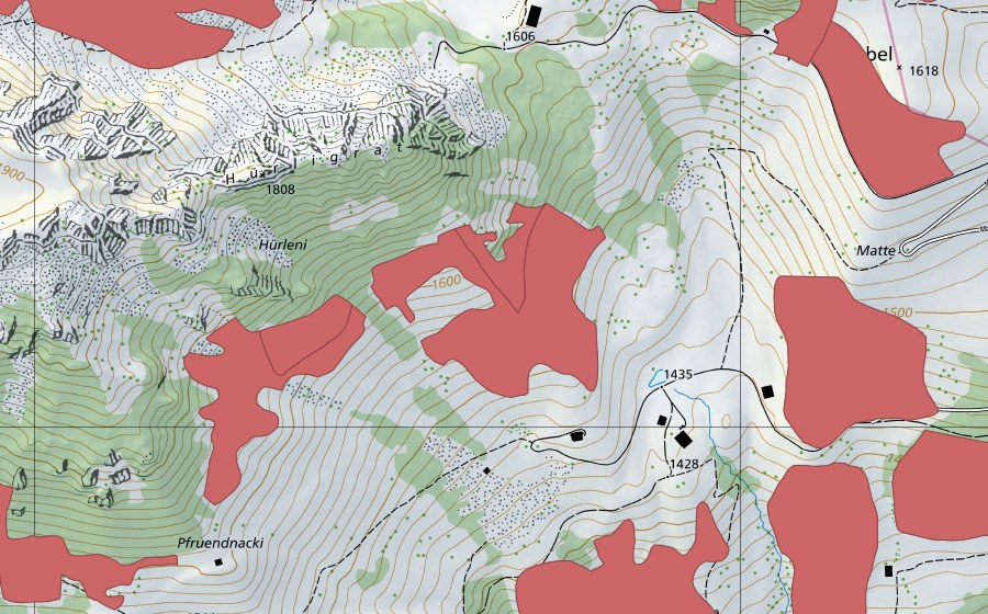 Carte nationale swisstopo avec le périmètre protégé de Pfruendnacki (Prairie sèche)