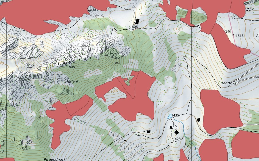 Carte nationale swisstopo avec le périmètre protégé de Pfruendnacki (Prairie sèche)