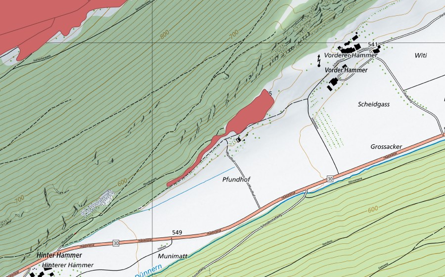 Landeskarte swisstopo mit dem Schutzperimeter von Pfundhof (Trockenwiese)