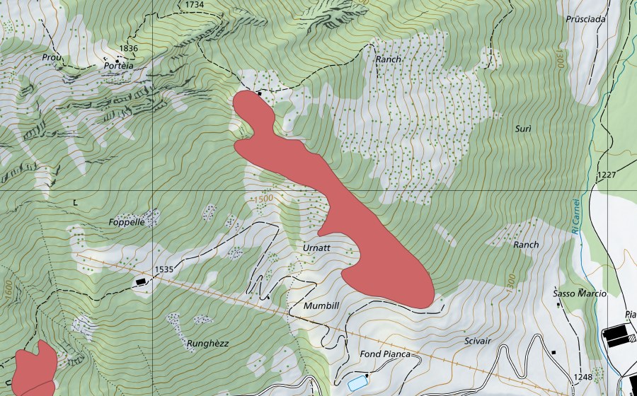 Carte nationale swisstopo avec le périmètre protégé de Pianche (Prairie sèche)
