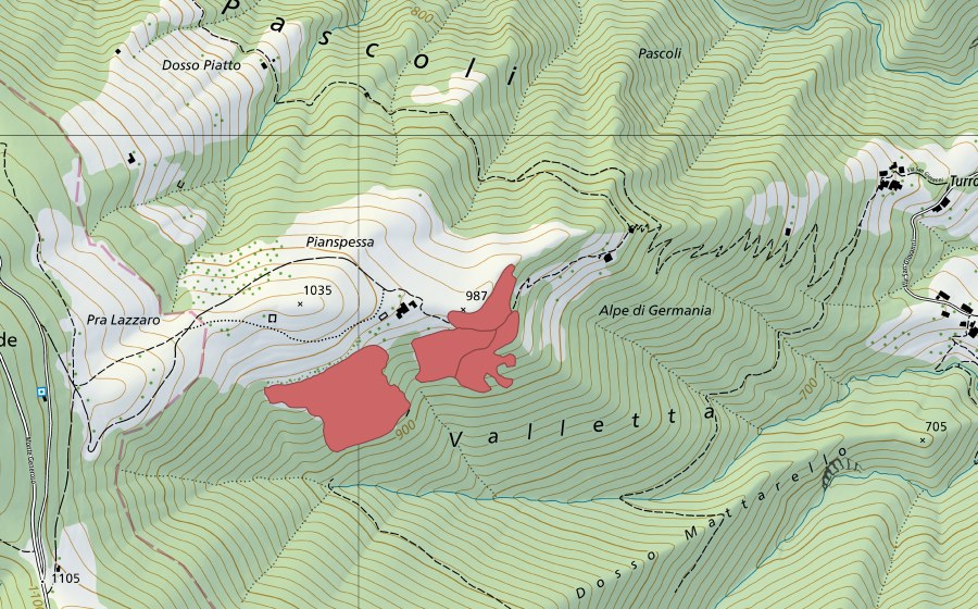 Carte nationale swisstopo avec le périmètre protégé de Pianspessa (Prairie sèche)