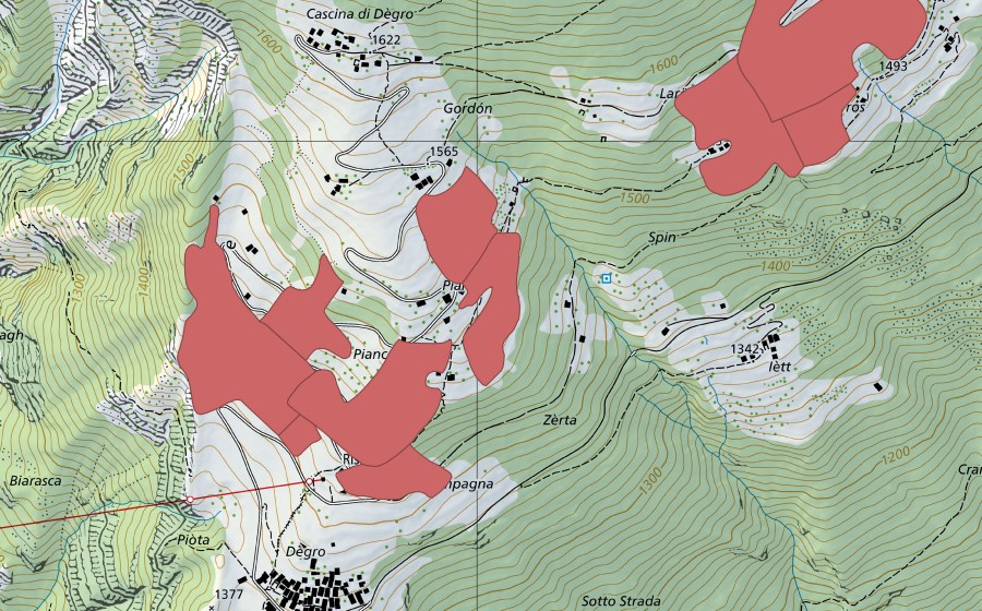 swisstopo national map showing the protected perimeter of Pianzei (Dry meadow)