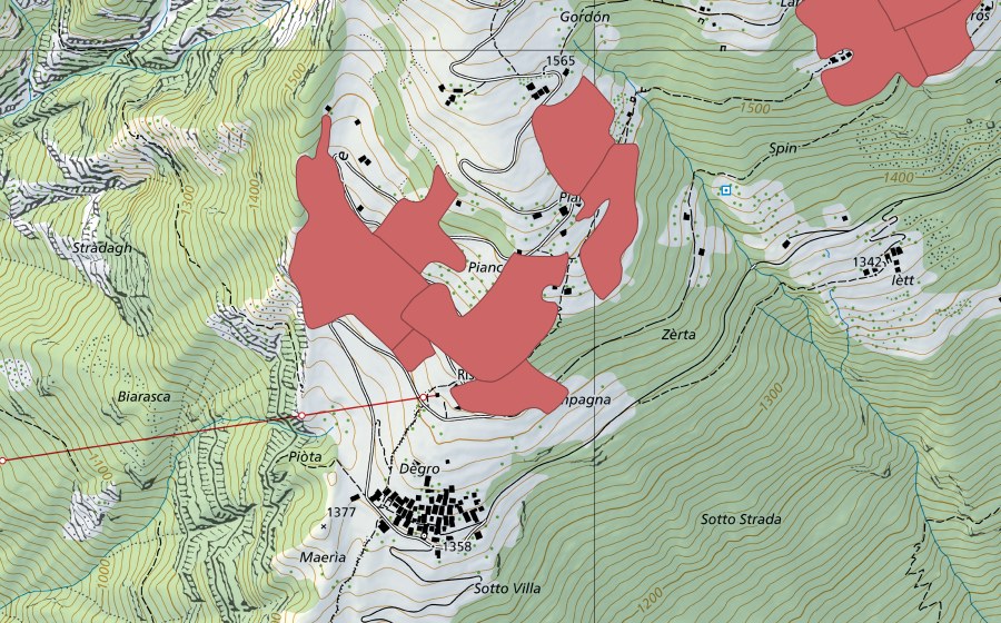 Carte nationale swisstopo avec le périmètre protégé de Pianzei (Prairie sèche)