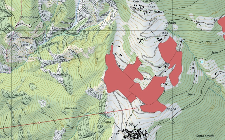 Carte nationale swisstopo avec le périmètre protégé de Pianzei (Prairie sèche)