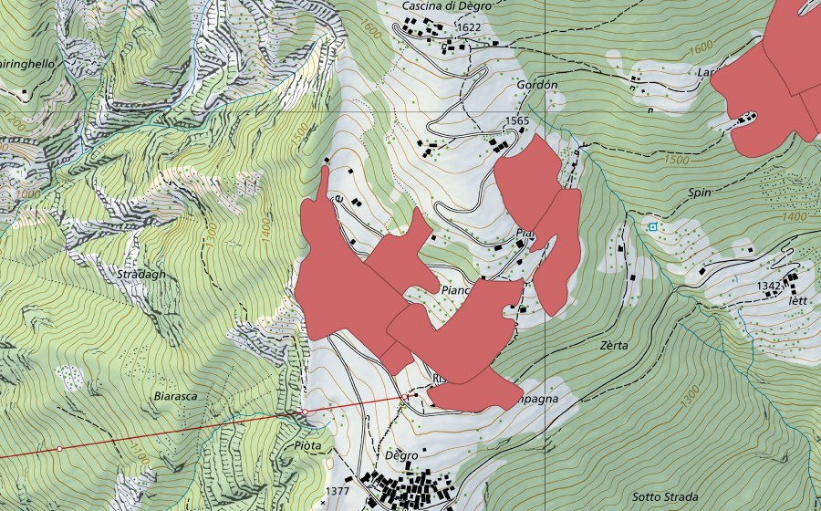 Carte nationale swisstopo avec le périmètre protégé de Pianzei (Prairie sèche)