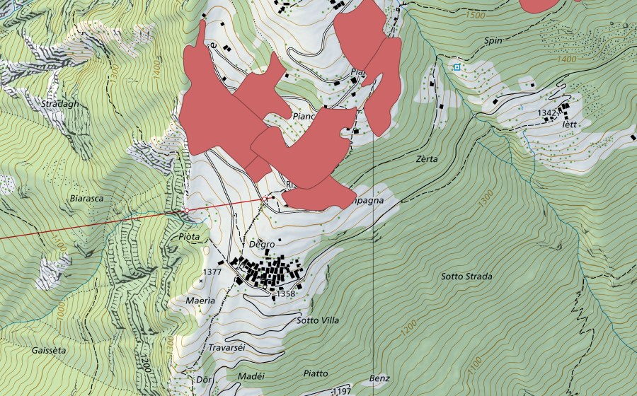 swisstopo national map showing the protected perimeter of Pianzei (Dry meadow)