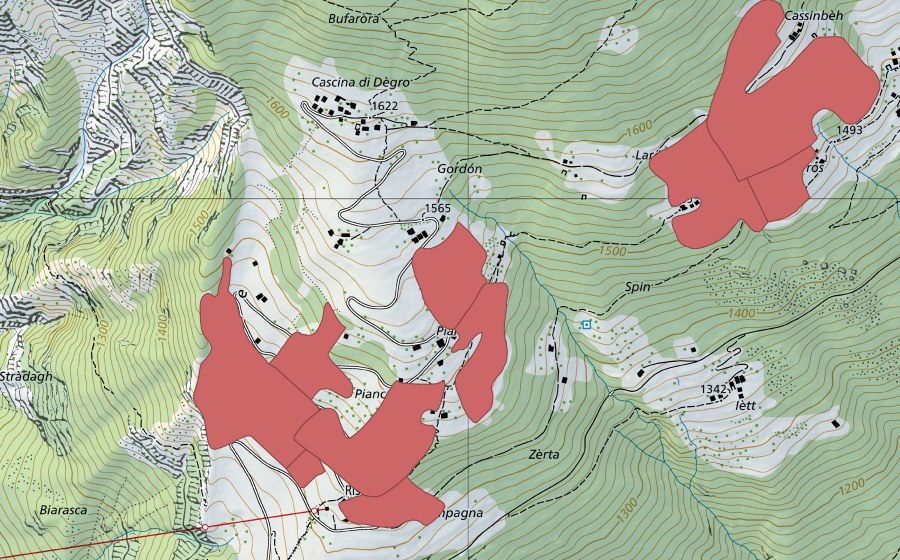 Landeskarte swisstopo mit dem Schutzperimeter von Pianzei (Trockenwiese)