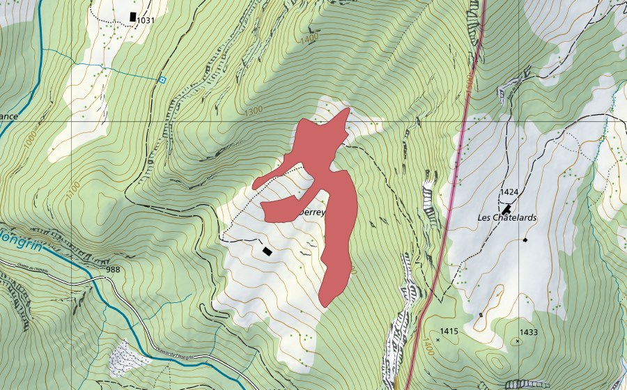Landeskarte swisstopo mit dem Schutzperimeter von Pierra Derrey (Trockenwiese)