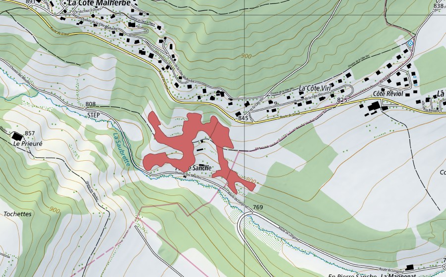 swisstopo national map showing the protected perimeter of Pierre Sanche (Dry meadow)
