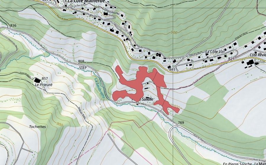 Carte nationale swisstopo avec le périmètre protégé de Pierre Sanche (Prairie sèche)