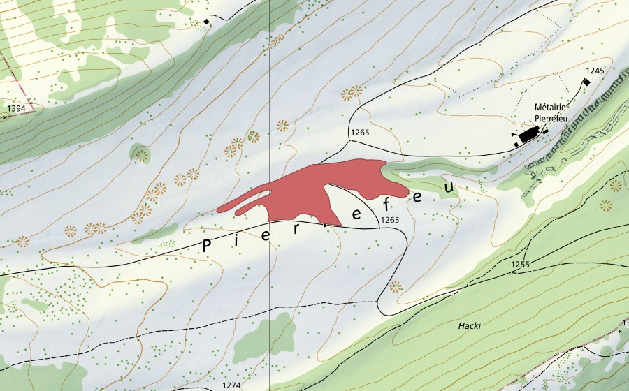 Carte nationale swisstopo avec le périmètre protégé de Pierrefeu (Prairie sèche)