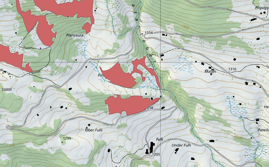 Landeskarte swisstopo mit dem Schutzperimeter von Pilidetta (Trockenwiese)