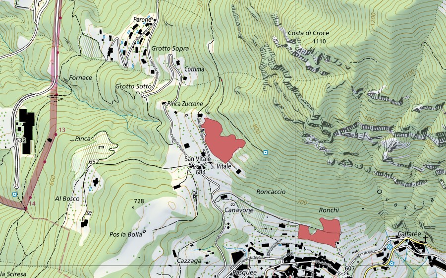 Carte nationale swisstopo avec le périmètre protégé de Pinca Zuccone (Prairie sèche)