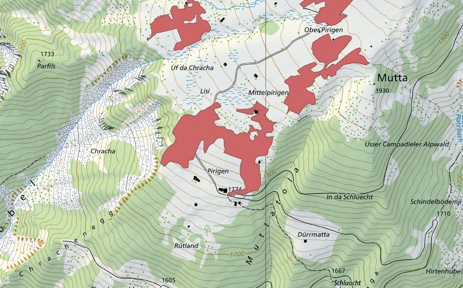Carta nazionale swisstopo con il perimetro protetto di Pirigen (Prato secco)