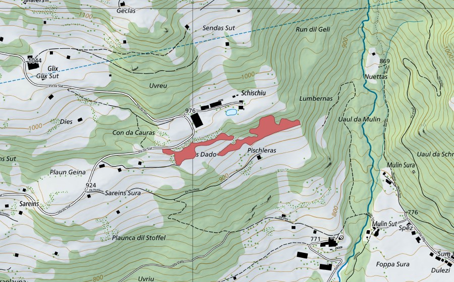 Landeskarte swisstopo mit dem Schutzperimeter von Pischleras (Trockenwiese)