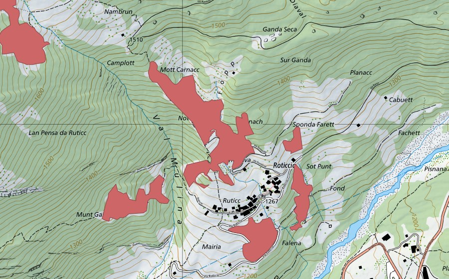 Landeskarte swisstopo mit dem Schutzperimeter von Pisnana (Trockenwiese)