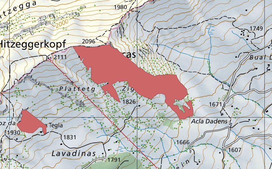 swisstopo national map showing the protected perimeter of Piz Plauncas (Dry meadow)