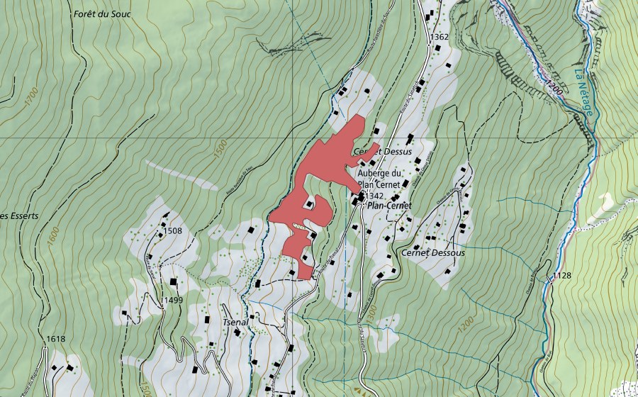 Landeskarte swisstopo mit dem Schutzperimeter von Plan Cernet (Trockenwiese)
