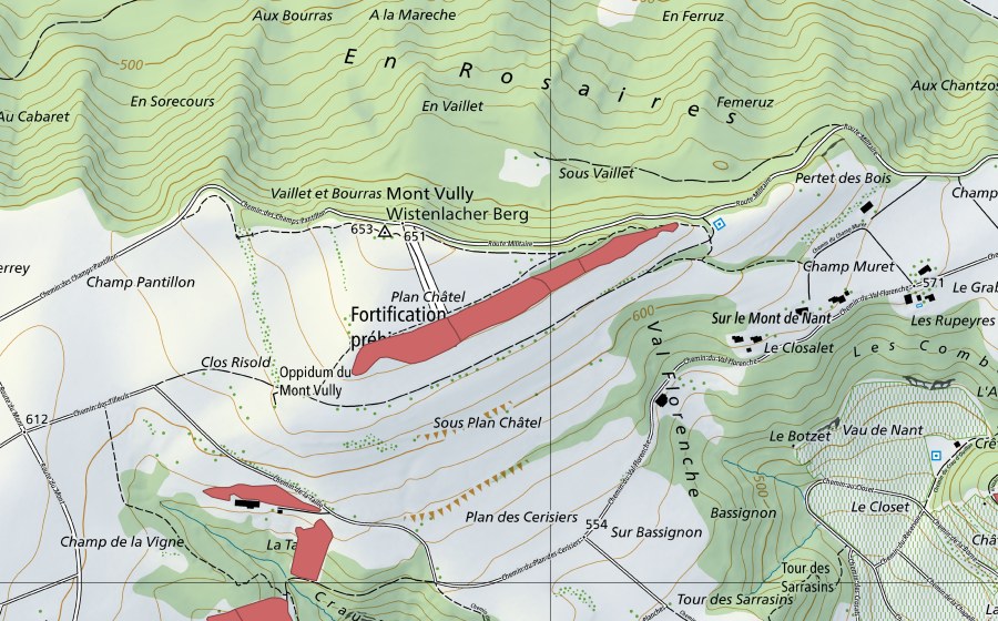 Carte nationale swisstopo avec le périmètre protégé de Plan Châtel (Prairie sèche)