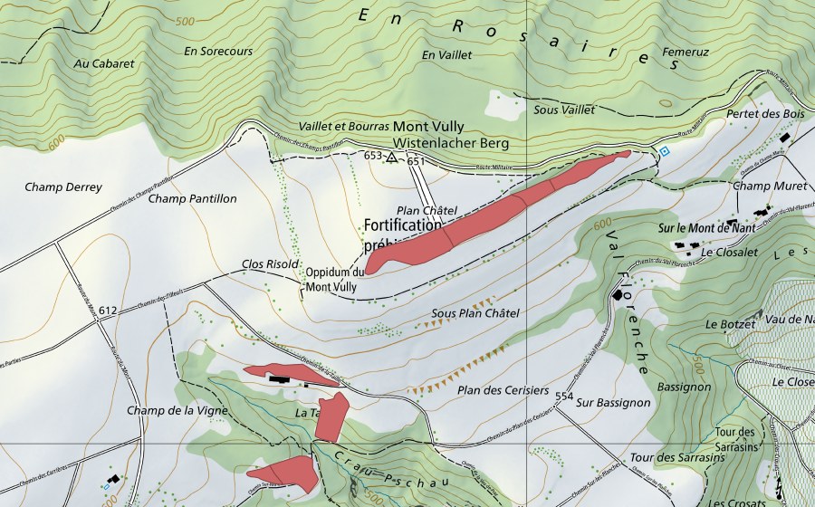 Carte nationale swisstopo avec le périmètre protégé de Plan Châtel (Prairie sèche)