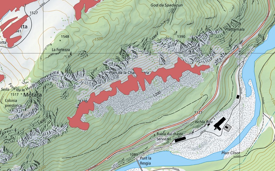 Carte nationale swisstopo avec le périmètre protégé de Plan da la Charbunera (Prairie sèche)