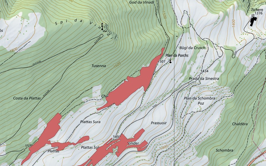 swisstopo national map showing the protected perimeter of Plan da porchs (Dry meadow)