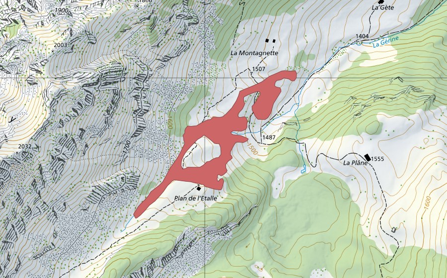 swisstopo national map showing the protected perimeter of Plan de l'Etalle (Dry meadow)