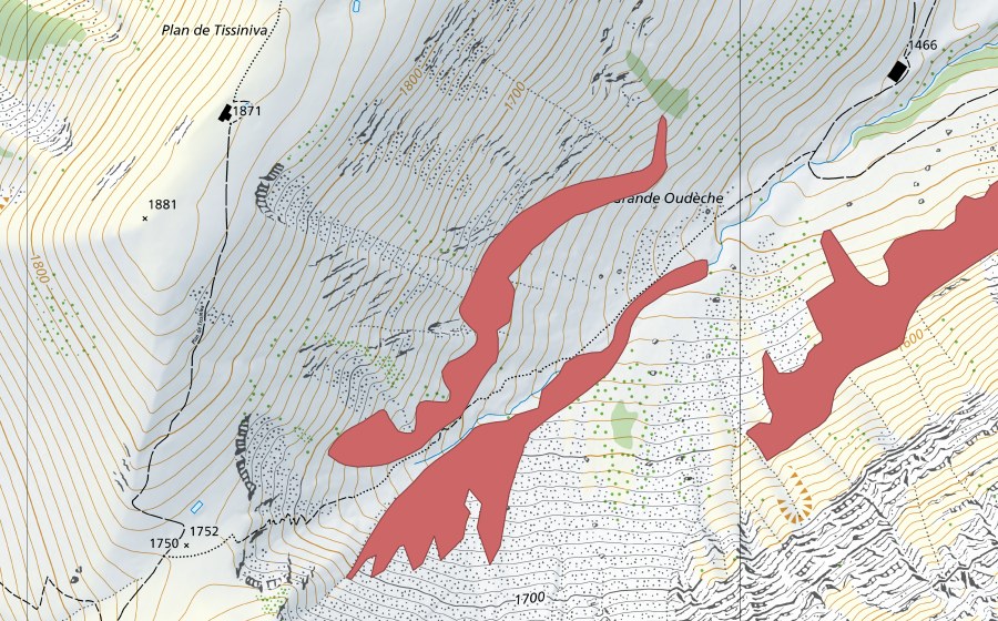 swisstopo national map showing the protected perimeter of Plan de Tissiniva (Dry meadow)