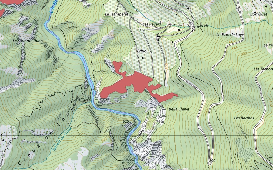 Carte nationale swisstopo avec le périmètre protégé de Plan des Biolles (Prairie sèche)