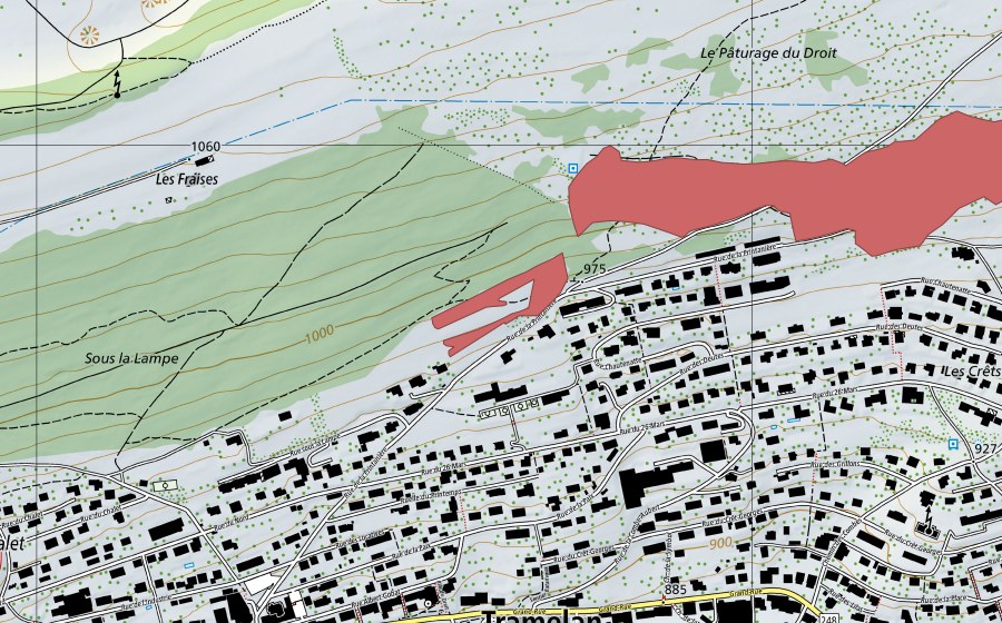 Carte nationale swisstopo avec le périmètre protégé de Plan du Droit (Prairie sèche)
