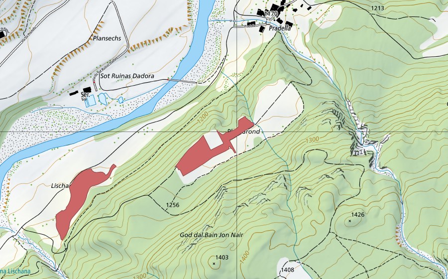 Carte nationale swisstopo avec le périmètre protégé de Plan Grond (Prairie sèche)