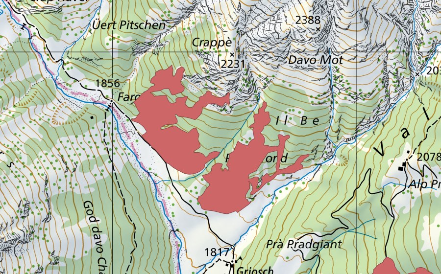 Landeskarte swisstopo mit dem Schutzperimeter von Plan Grond (Trockenwiese)