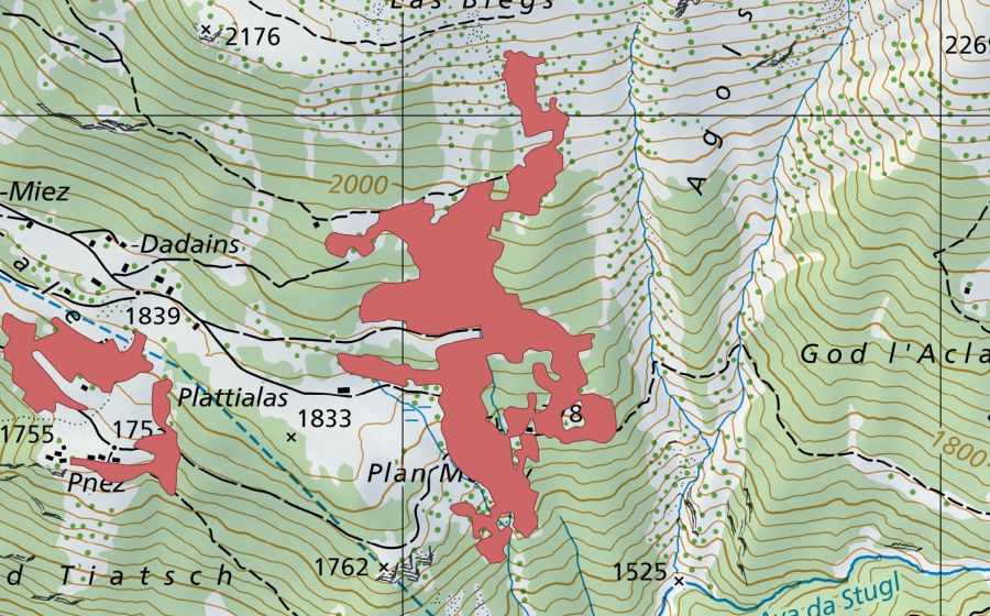 Landeskarte swisstopo mit dem Schutzperimeter von Plan Macov (Trockenwiese)