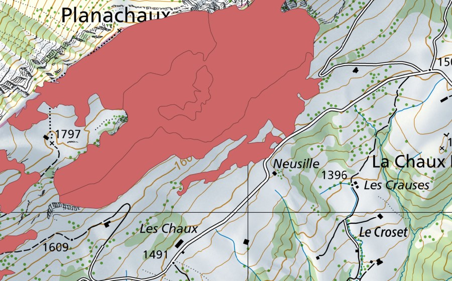 swisstopo national map showing the protected perimeter of Planachaux (Dry meadow)
