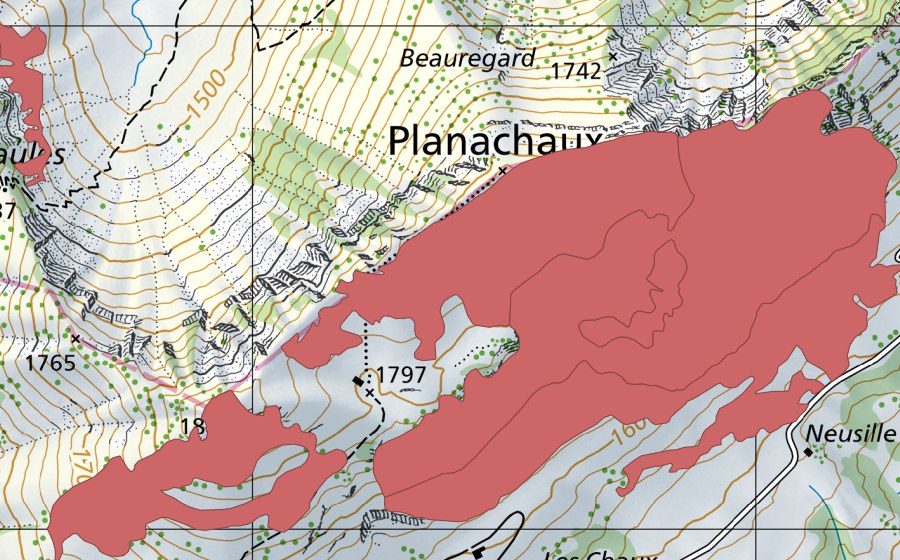Carte nationale swisstopo avec le périmètre protégé de Planachaux (Prairie sèche)